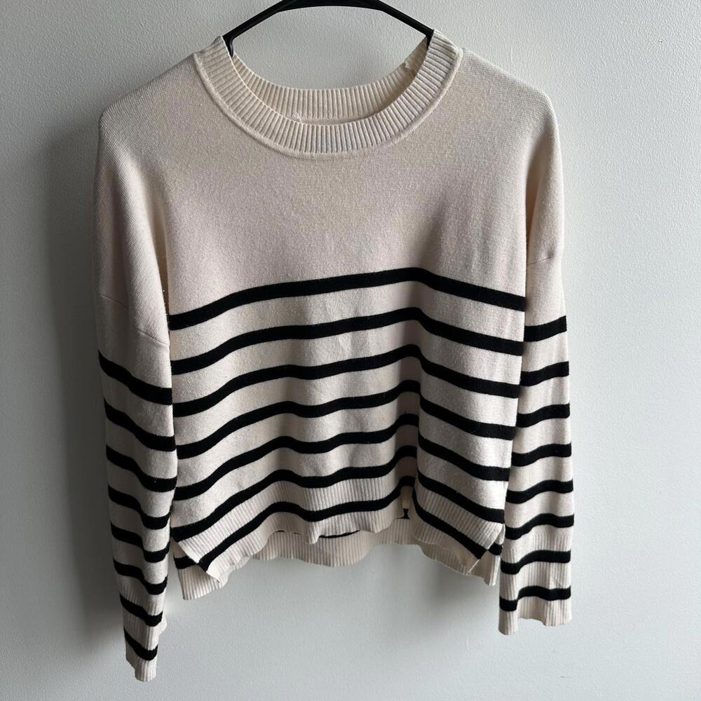 For The Republic Striped Pullover Sweater Ivory Black Knit Crew Neck Size S